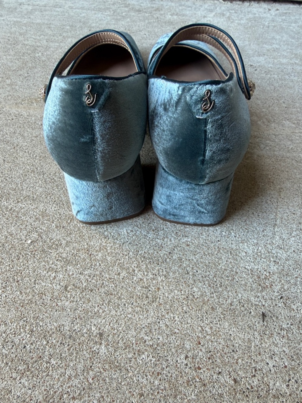 Sam Edelman Teal Blue Velvet Double-Strap Block Heels - Picture 3 of 6